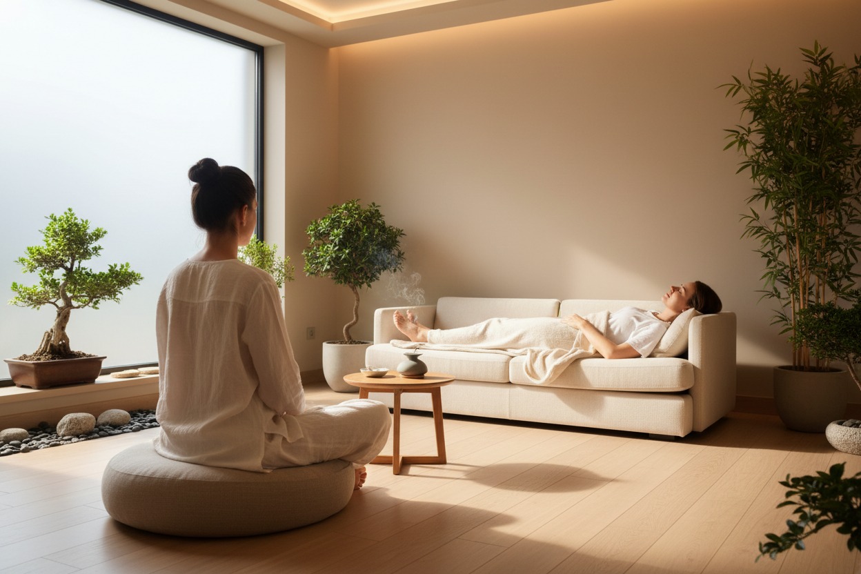 imagen lo más real de una consulta cálida luminosa tipo zen con una terapeuta sentada de espalda y otra mujer acostada en un divan con los ojos cerrados.